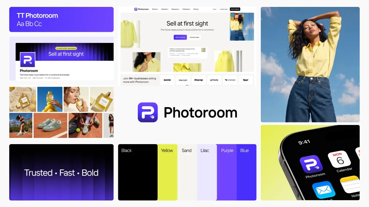 Collage of Photoroom app elements, including logo, images of clothing, app interface on phone, and color palette samples, with a person posing outdoors.