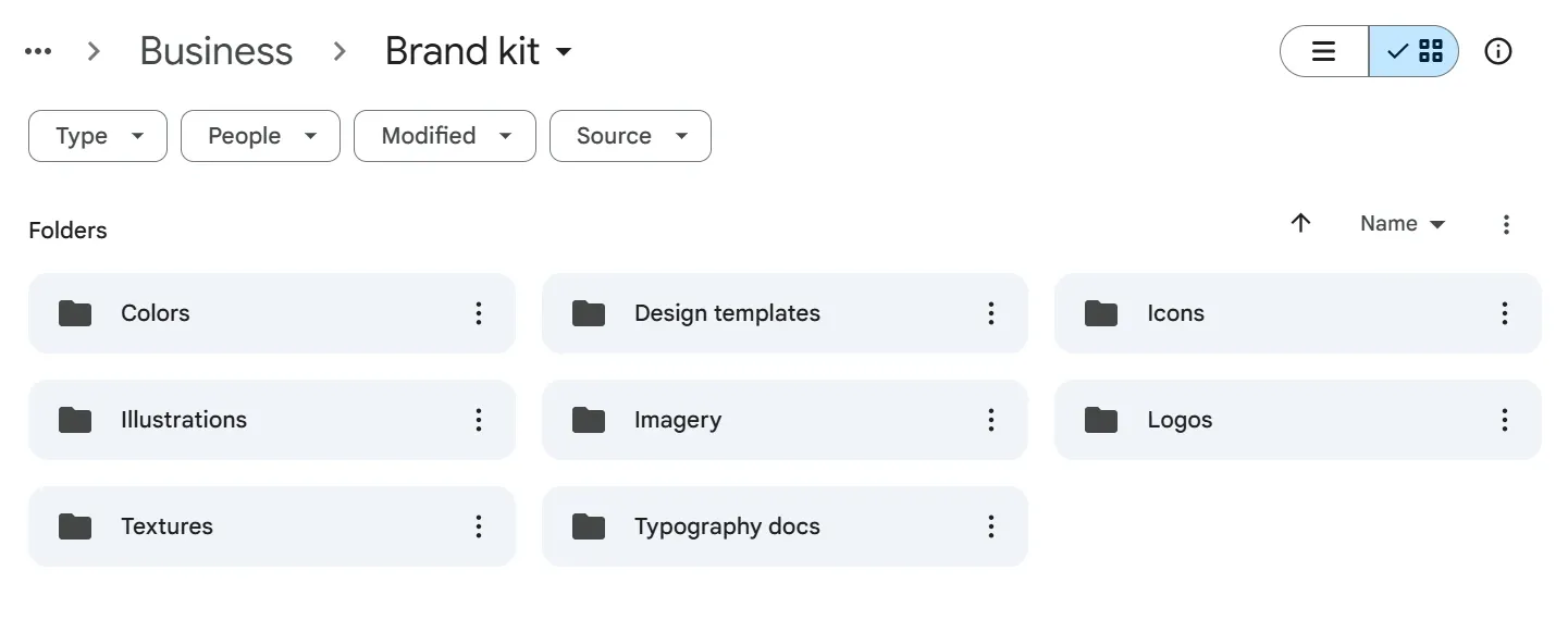 A folder structure for a brand kit, organized into categories like Colors, Logos, Icons, and Templates.