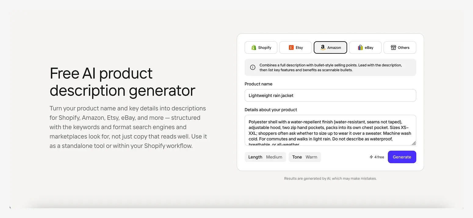 Image of a webpage showcasing a free AI product description generator tool with options for Shopify, Amazon, Etsy, and eBay. Inputs for product details.