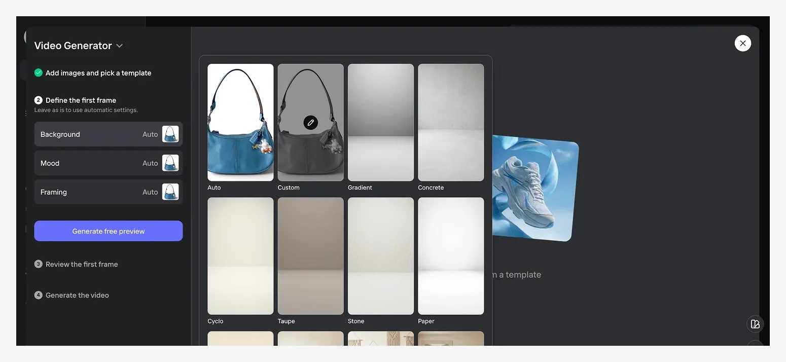 Screenshot of a video generator interface showing options to add selections for background, mood, and framing.