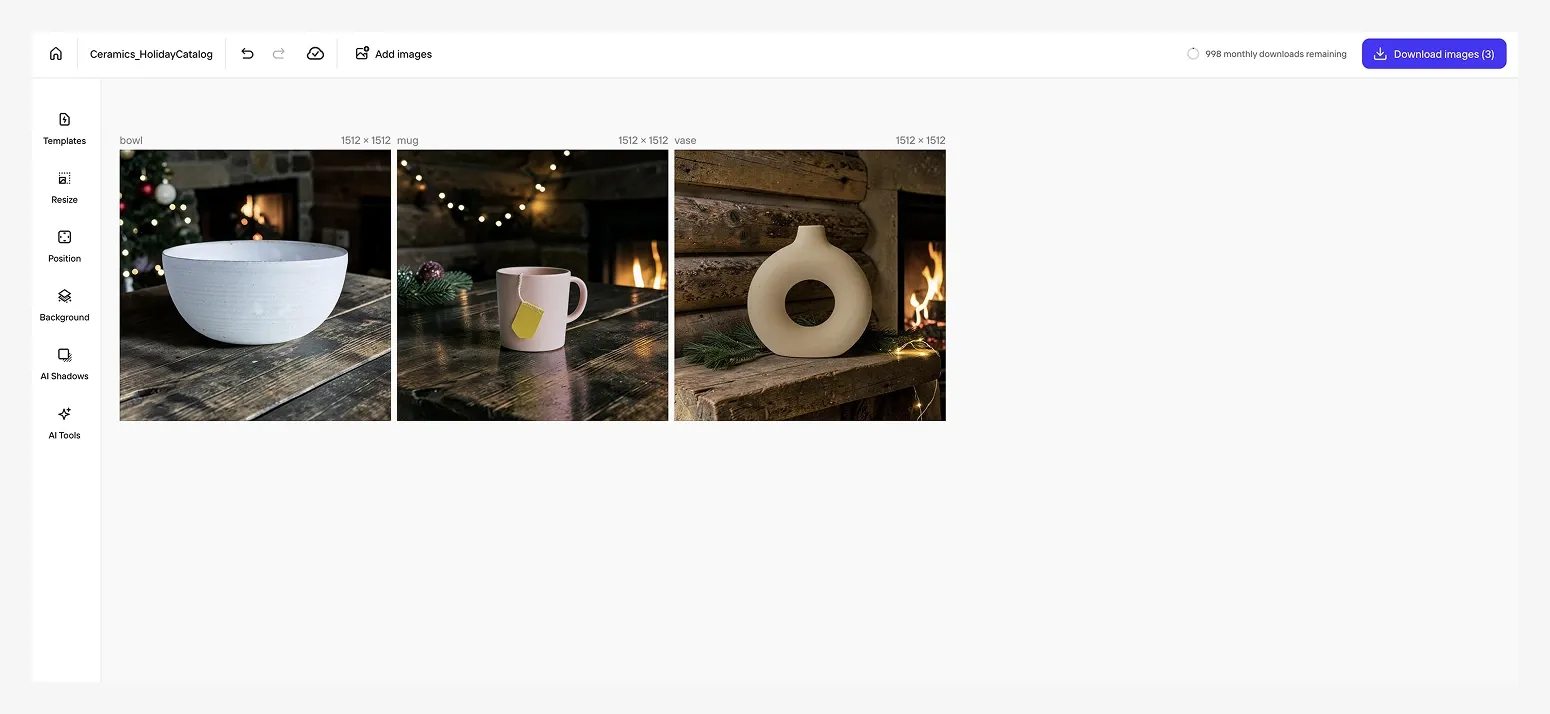 Three images show a bowl, a mug with a tea bag, and a circular vase on wooden surfaces by a cozy fireplace.