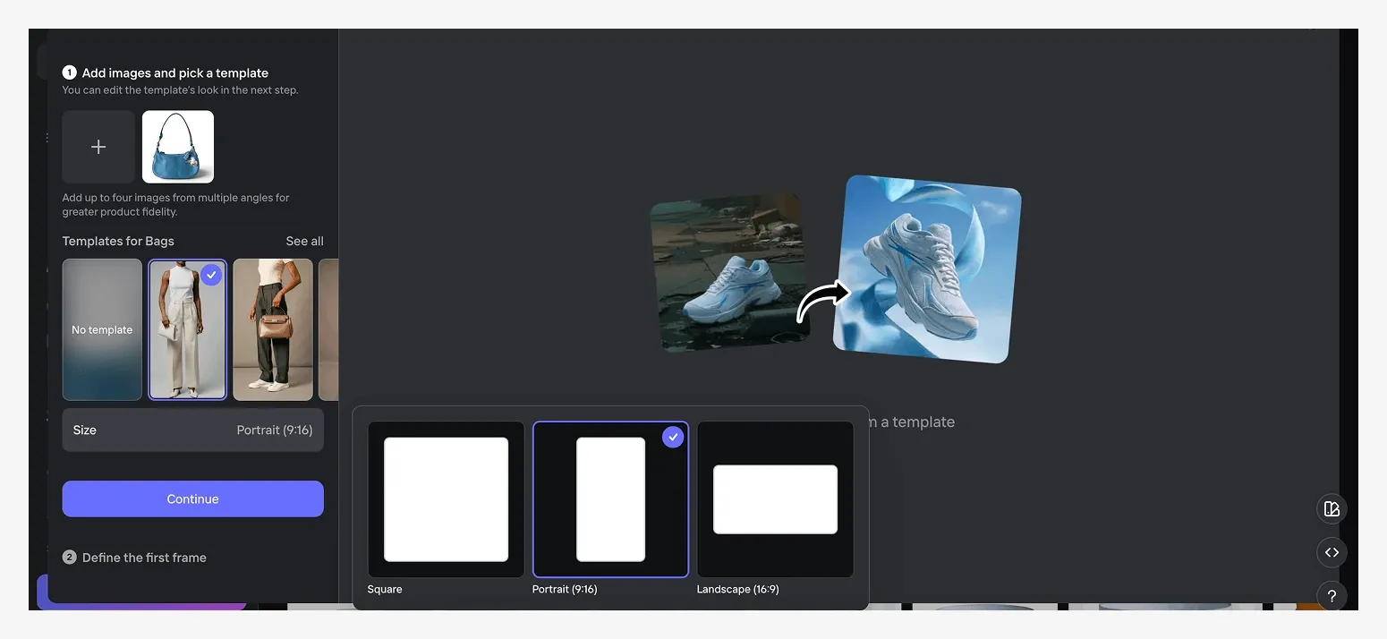 A video generator with interface options for template selection and image size appear on the left.