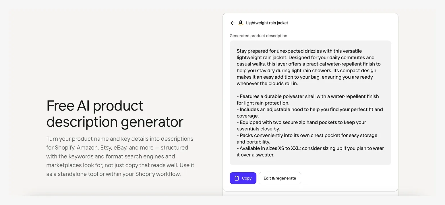 Image of a AI product description generator, with sample text for a lightweight rain jacket on the right side.