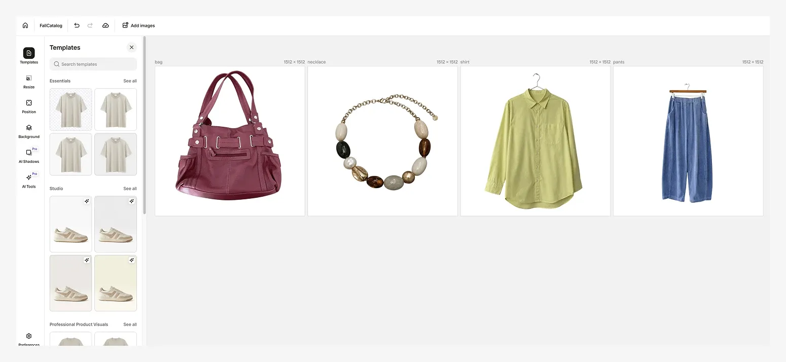 Photoroom's batch editing interface showing a red handbag, beaded necklace, yellow shirt on a hanger, and blue pants on a hanger.