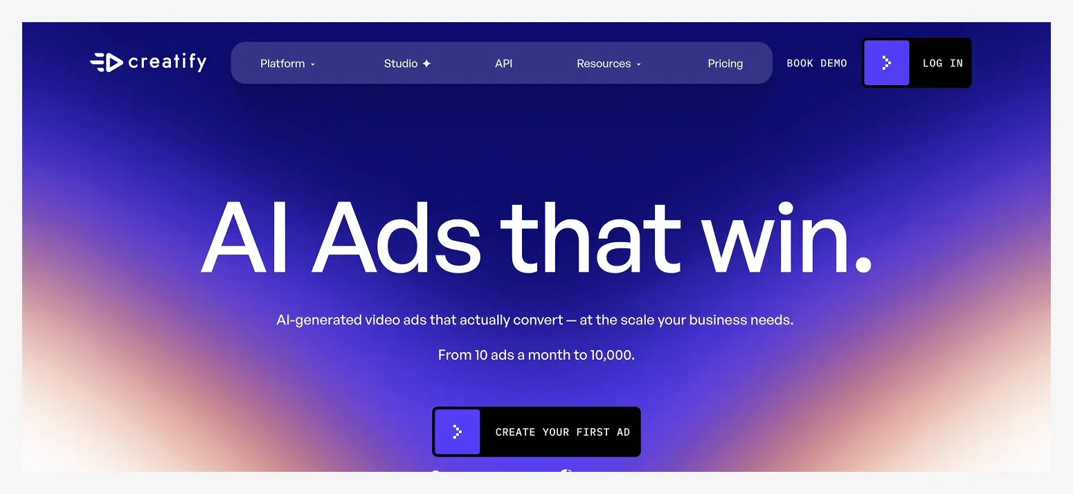 Website header with "AI Ads that win" slogan, offering AI-generated video ads. Includes navigation menu and CTA button "Create your first ad."