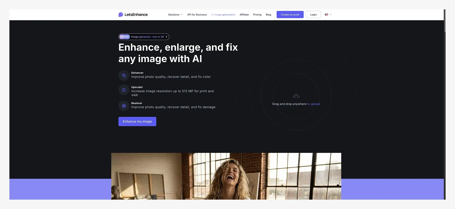 Image of a website offering AI tools to enhance, enlarge, and fix images. Features icons for enhancing, upscaling, and restoring image quality.