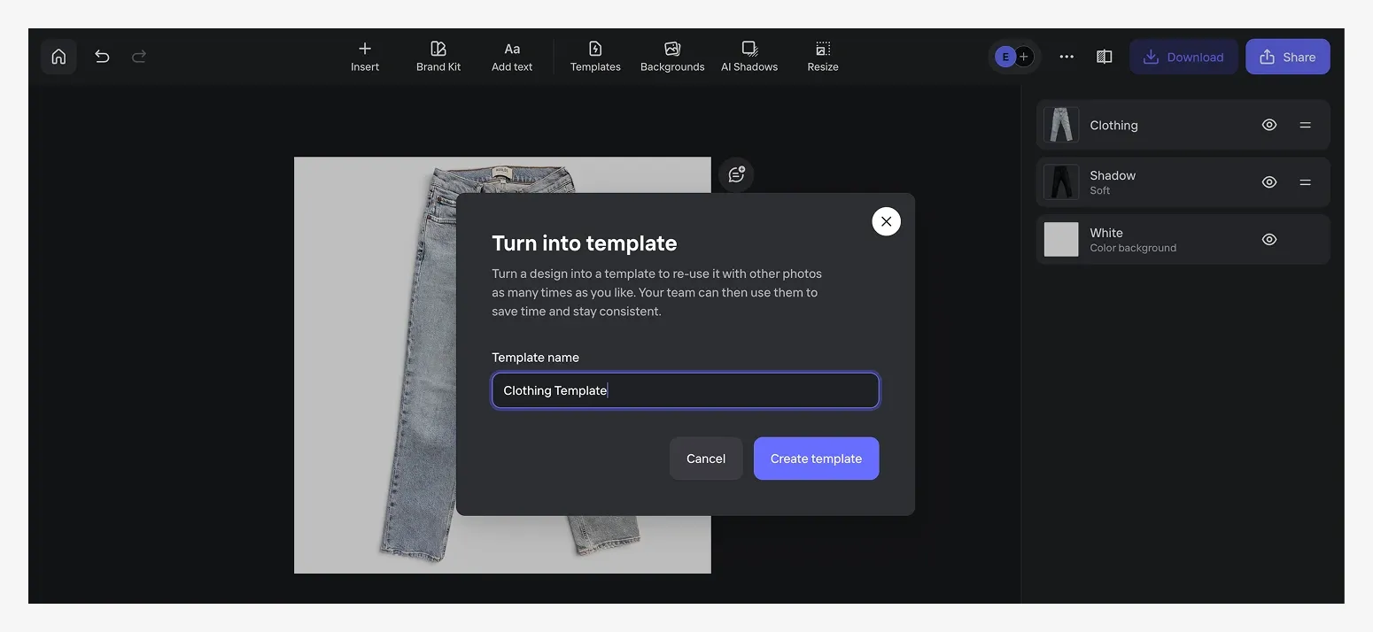 A computer interface shows an option to create a clothing template, featuring a displayed image of blue jeans on a grey background.
