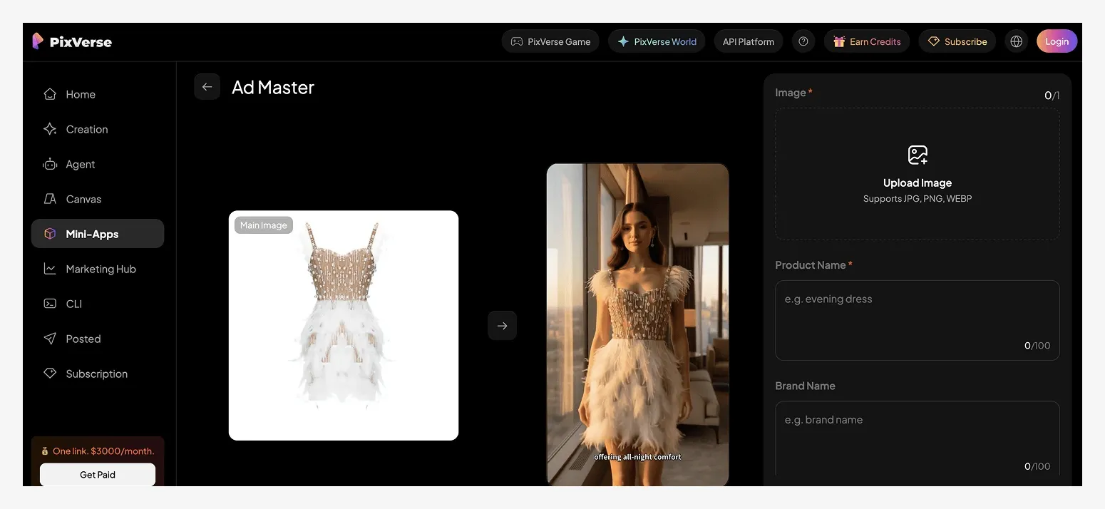 A webpage interface for PixVerse's Ad Master, displaying an embellished white dress with feathers and a model wearing the dress in a room.