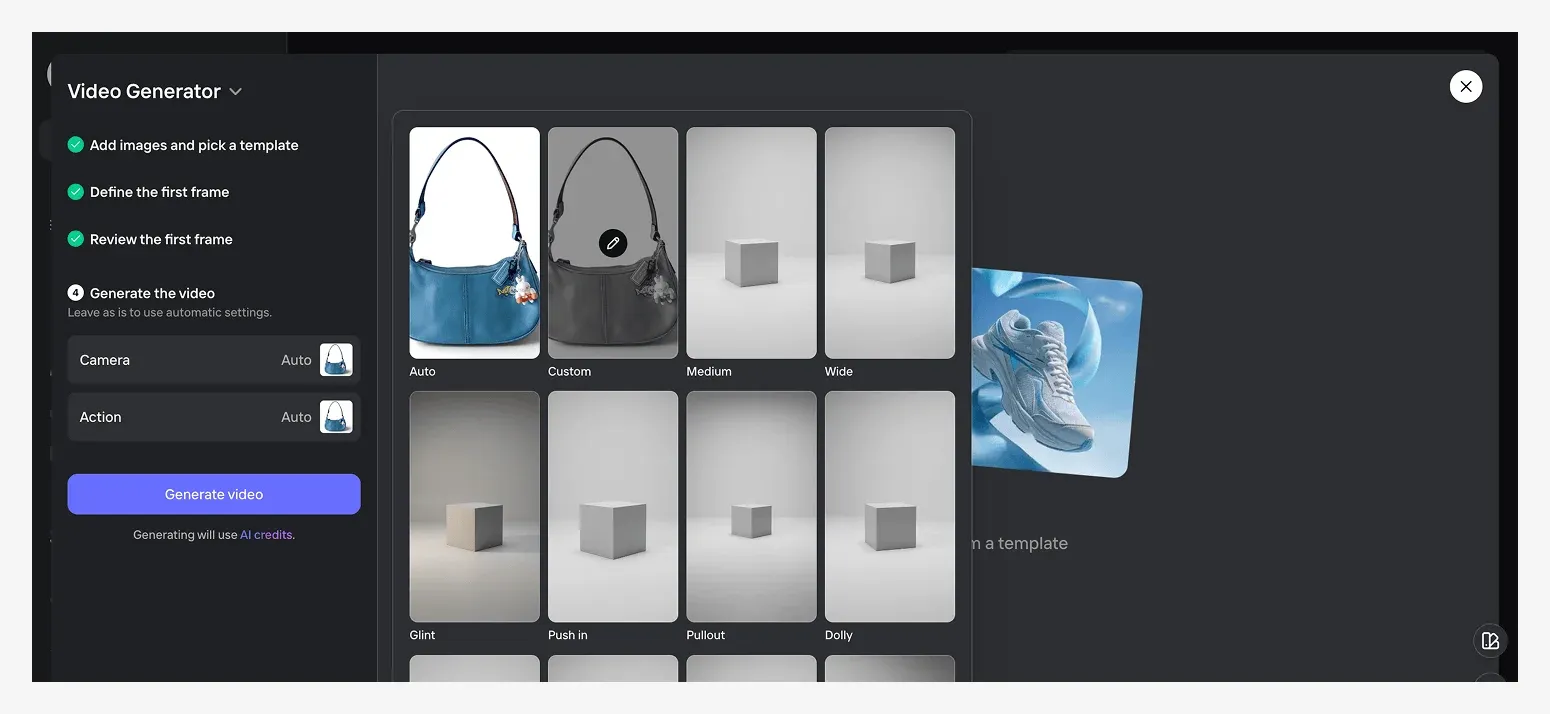 Video generator interface showing options for selecting Camera and Action templates.