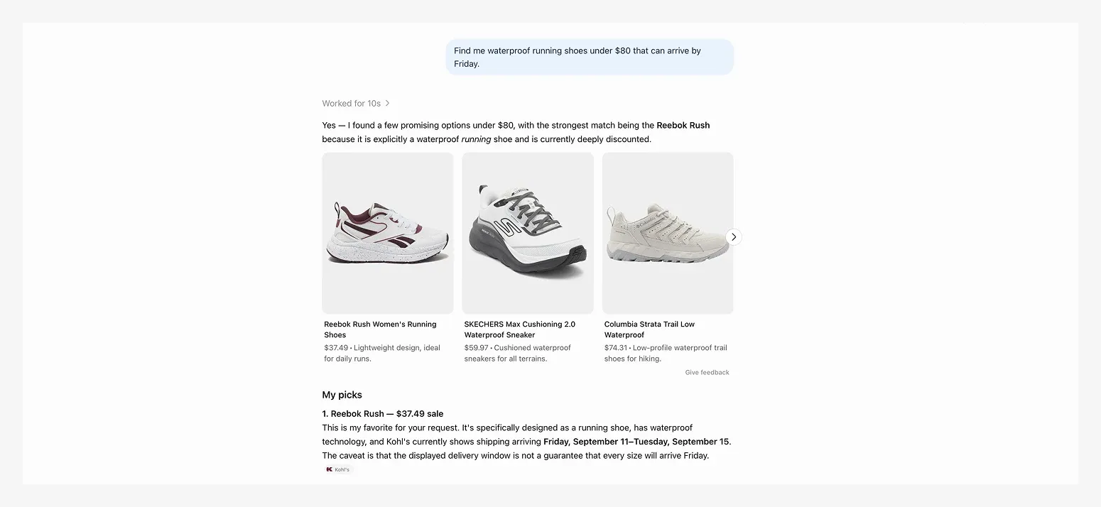 A ChatGPT shoppingsearch result showing waterproof running shoes under $80: Reebok Rush, Skechers Max Cushioning 2.0, and Columbia Strata Trail Low.