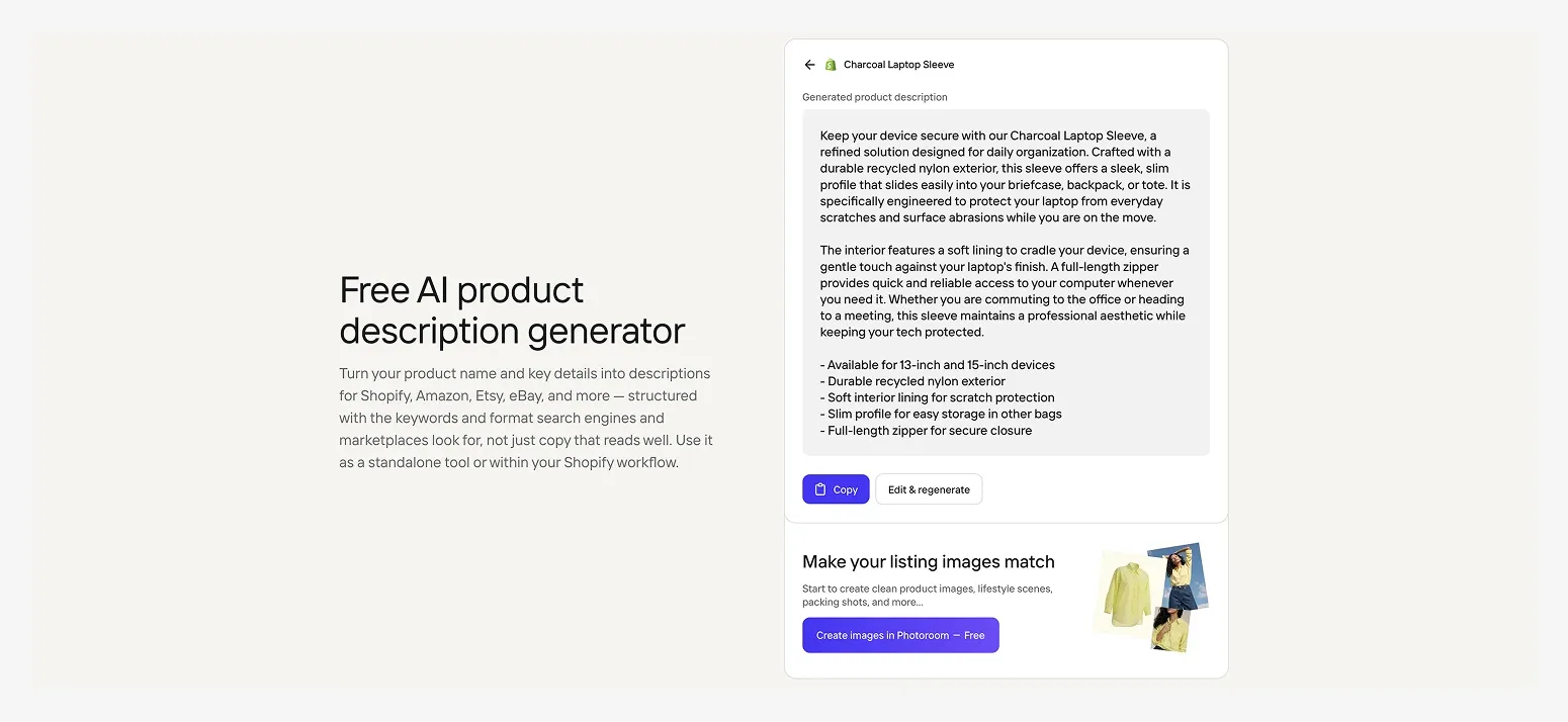 Free AI product description generator webpage showcasing a sample description for a charcoal laptop sleeve, with options to copy and edit.