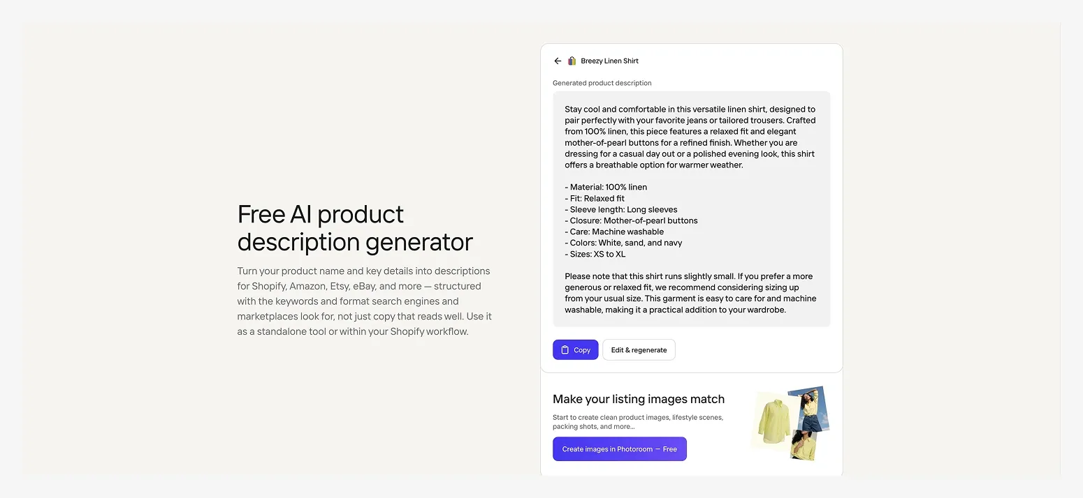 Image showing a free AI product description generator interface, with a detailed description of a "Breezy Linen Shirt" on the right.