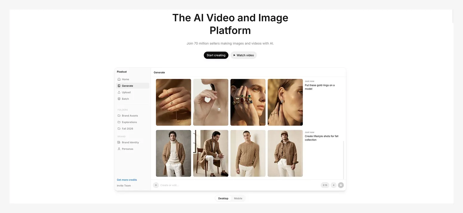Screenshot of an AI video and image platform interface, showing options to create or edit images, and various folders listed on the left sidebar.