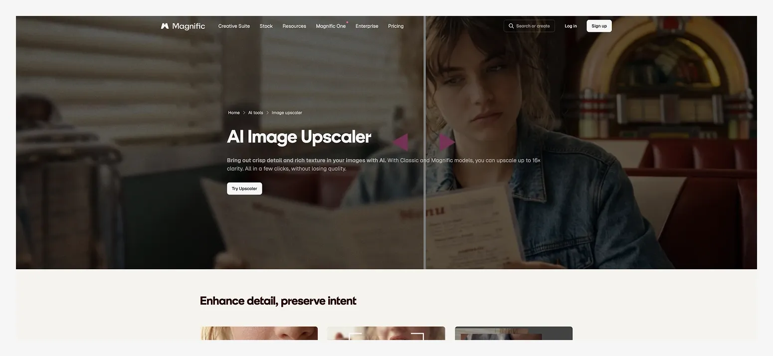 Webpage showcasing an AI image upscaler tool, featuring a split image with half a website interface and a person reading a menu.