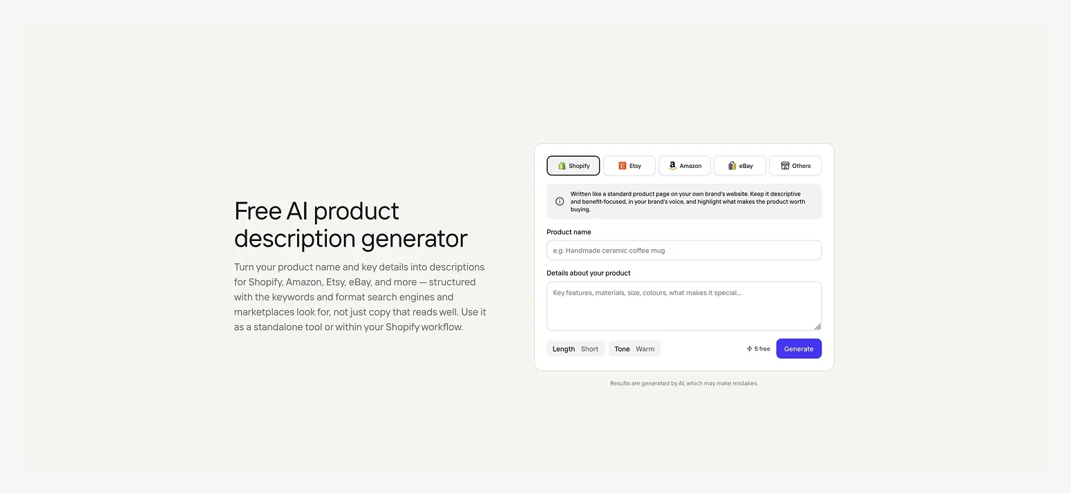 Free AI product description generator interface, offering options for Shopify, Amazon, Etsy, eBay, and others with input fields for product details.