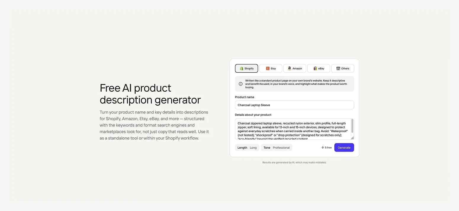 Screenshot of a free AI product description generator interface, with text entry fields and options for different e‑commerce platforms.