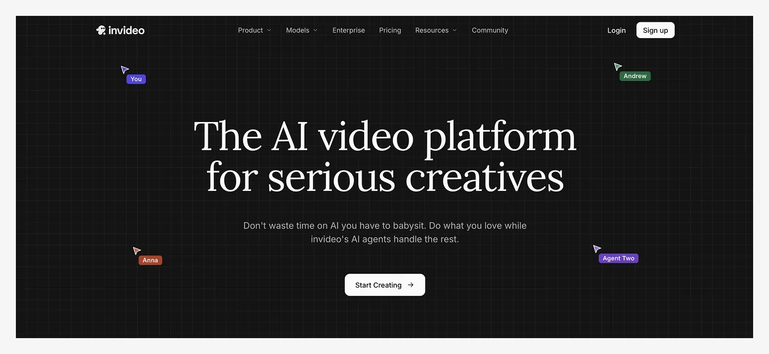 InVideo homepage showcasing its AI video platform for creatives, with a "Start Creating" button and navigation options at the top.