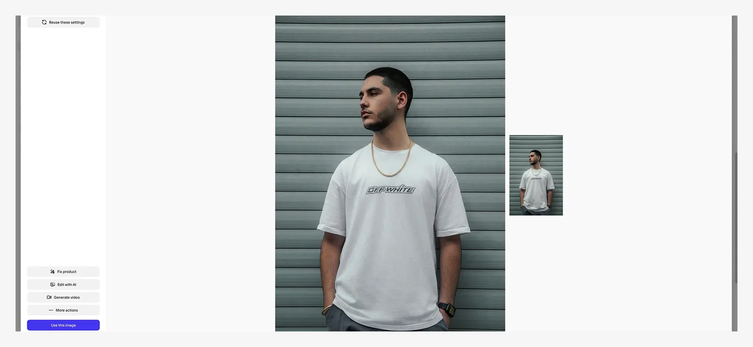 Screenshot of a photo editor showing side-by-side images of a man in a white t-shirt, before and after wrinkle removal.