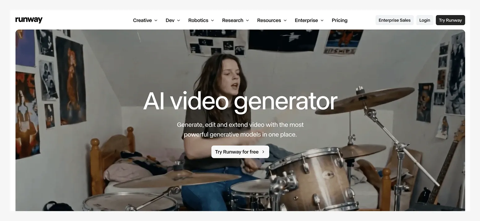 A screenshot of Runway's homepage. Text overlay reads "AI video generator" with a CTA button "Try Runway for free."