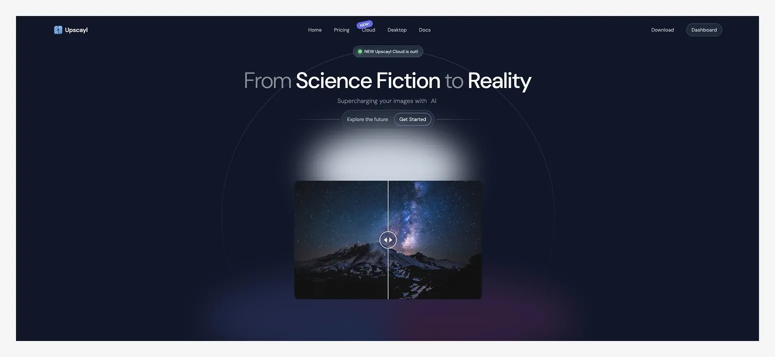 Website homepage featuring "From Science Fiction to Reality," showcasing AI image enhancement with a starry sky comparison.