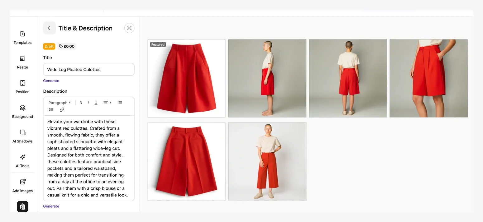 A platform interface showing an editing screen for a product title and description, alongside a collection of images of red culottes on and off a model.