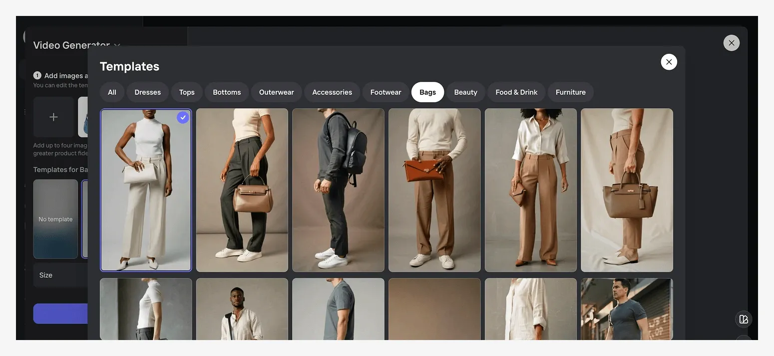 A screen displaying fashion templates for bags, showing models in stylish outfits in various positions against neutral backgrounds.
