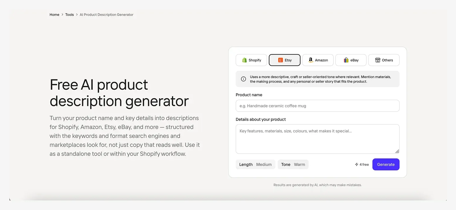 AI product description generator tool interface with options for Shopify, Etsy, Amazon, eBay, and others. Input fields for product name and details.