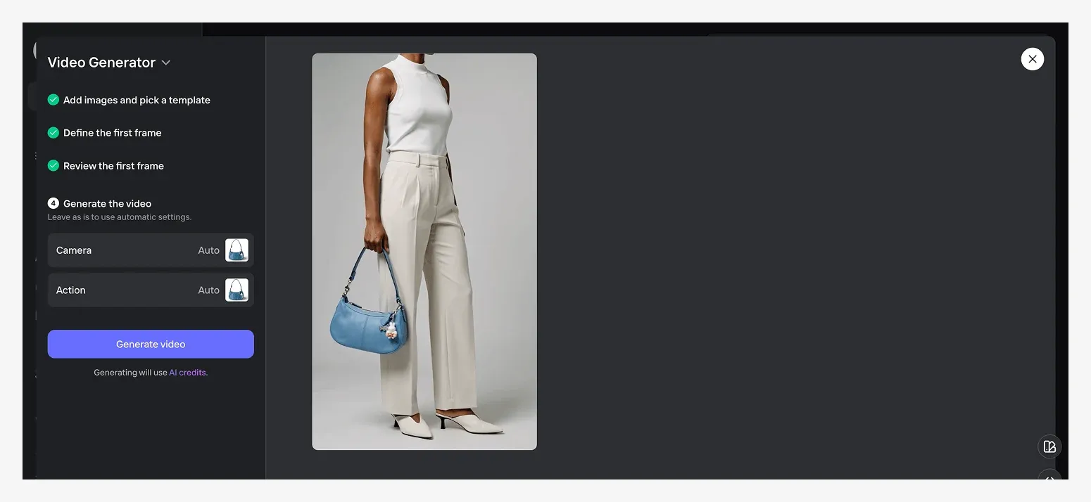 A person in a white sleeveless top and beige pants holds a blue handbag, standing against a gray background in a video editing interface.