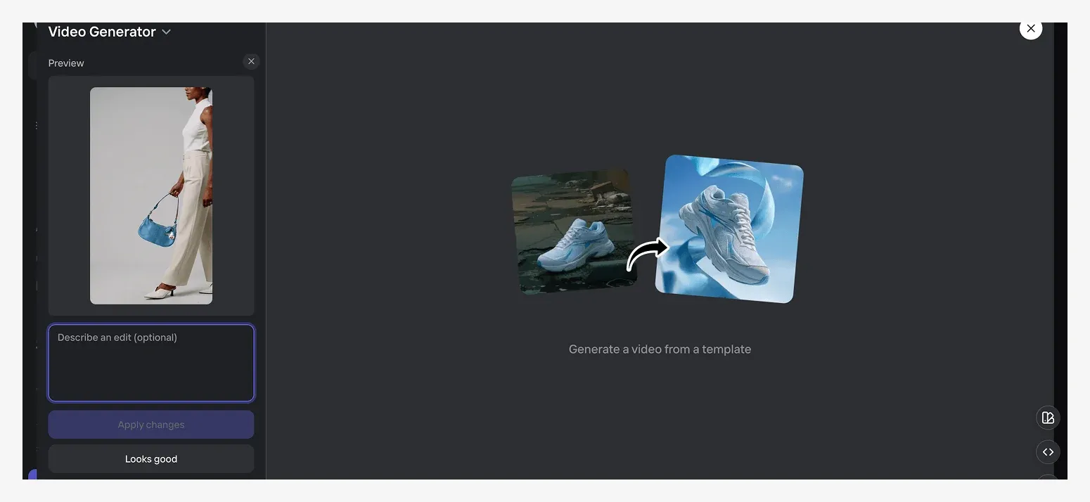 A preview of a video generator interface shows a woman holding a blue handbag, and a text box below that reads "Describe an edit (optional)".