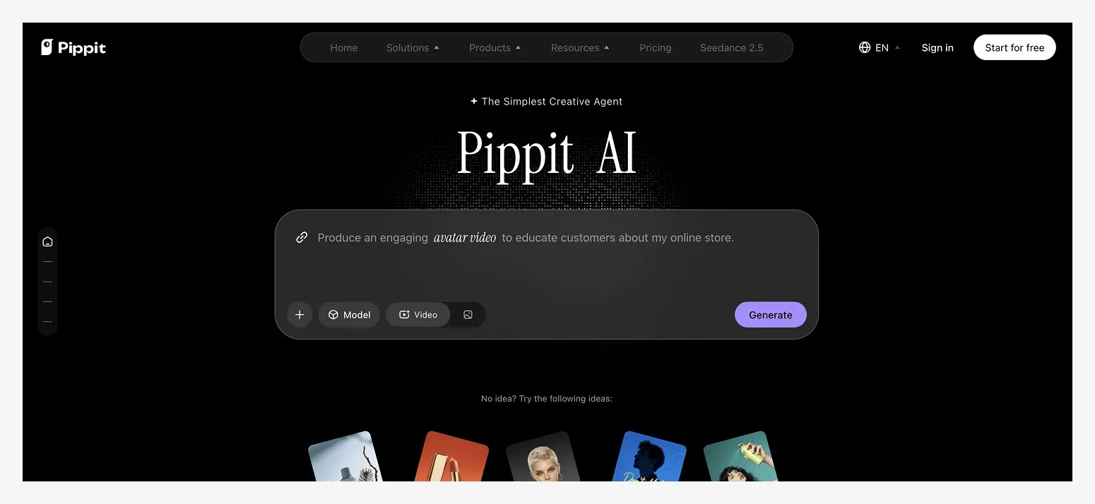 Website interface for "Pippit AI" featuring a prompt box for creating avatar videos, with buttons for Model, Video, and Generate.