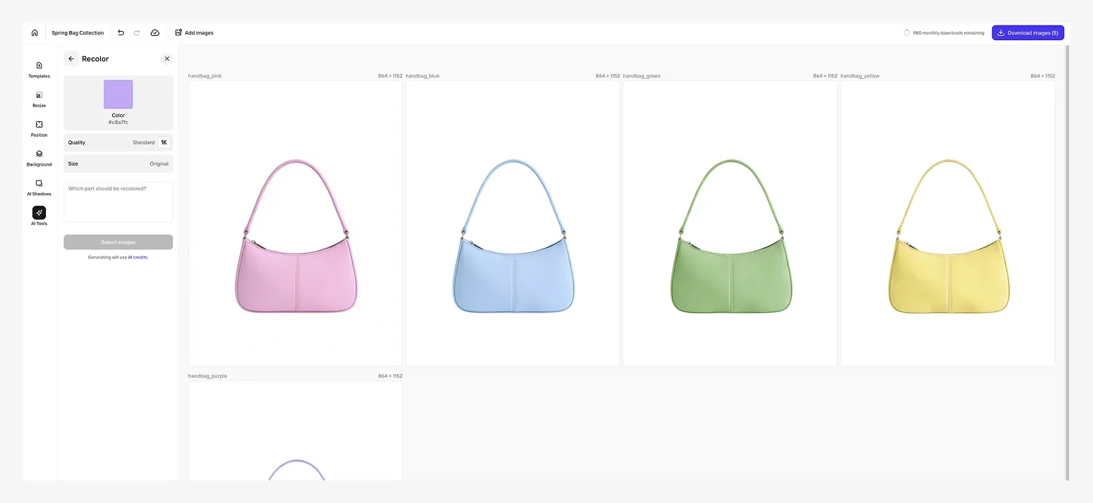 Four handbags displayed in pink, blue, green, and yellow colors on a design tool interface.