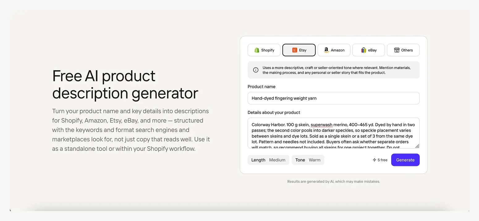 Image of a website interface for a free AI product description generator with sections for product details and target platforms like Shopify and Etsy.