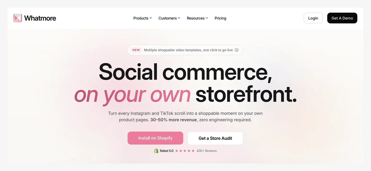 Website banner for "Whatmore" promoting social commerce on personal storefronts.