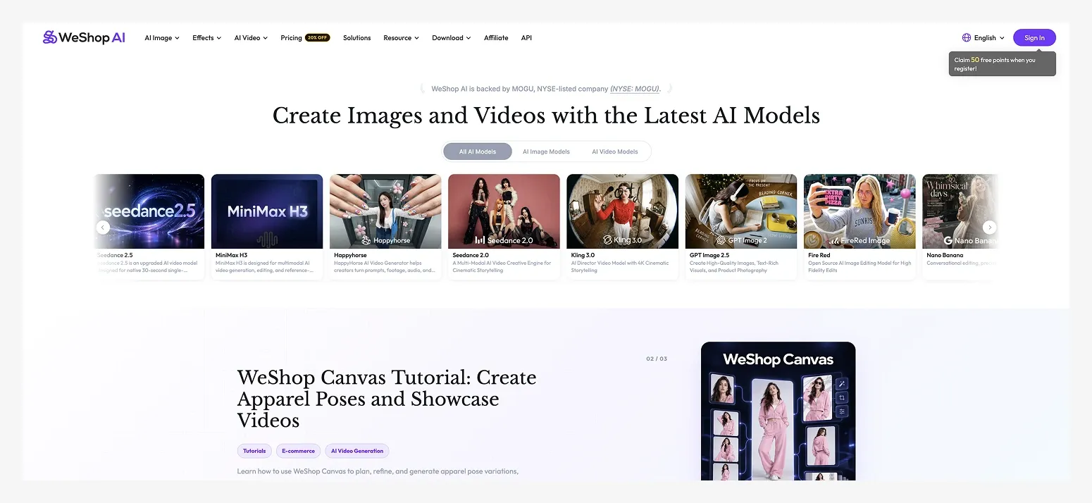 Web page of WeShop AI featuring various AI models for creating images and videos, including a section on apparel pose tutorials.