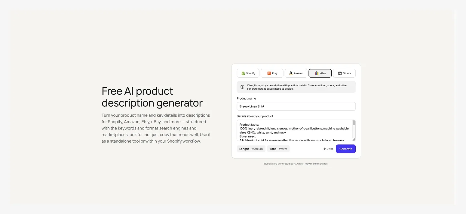 Interface of a Free AI product description generator showing options for Shopify, Etsy, Amazon, eBay. Fields for product name and details are visible.
