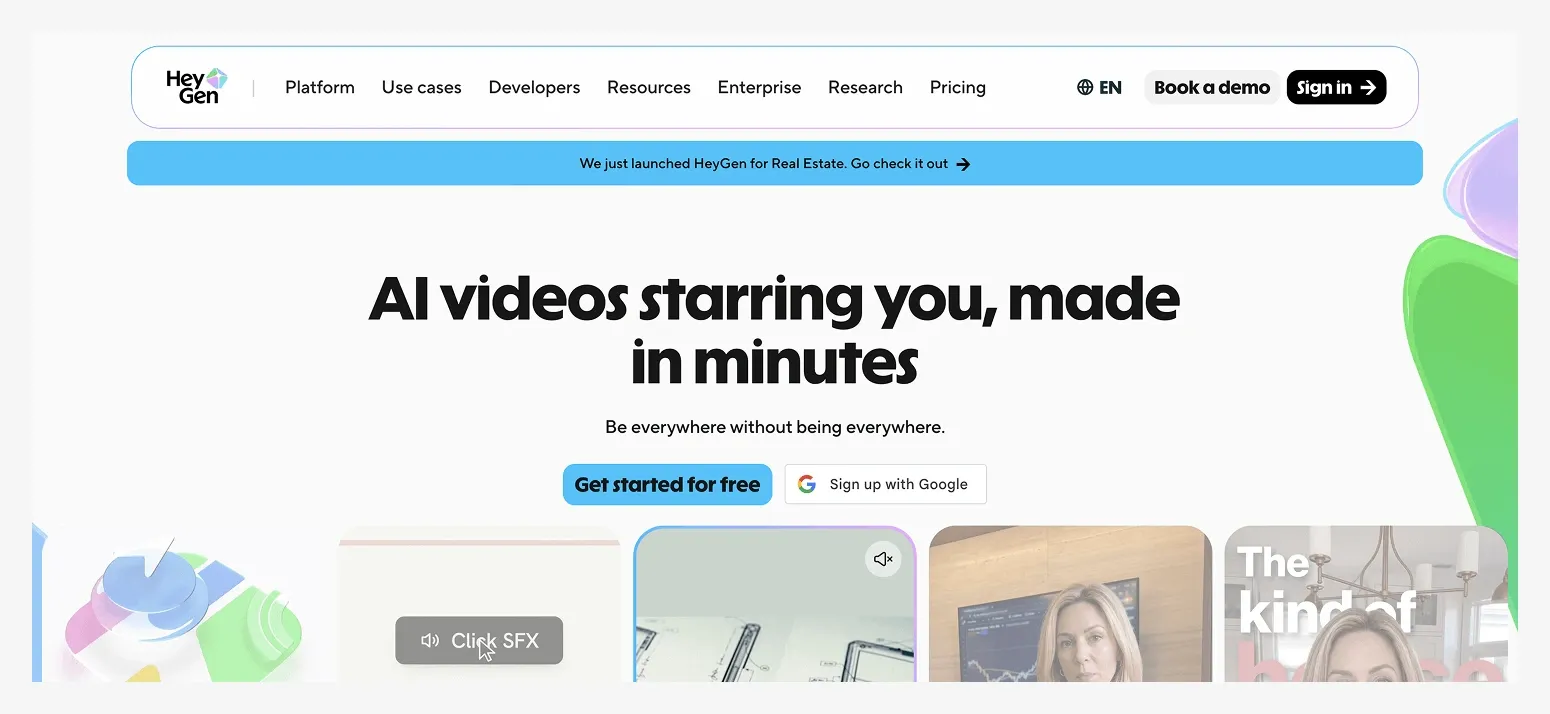 Homepage of HeyGen promoting AI video creation featuring tools to sign up and create videos easily.