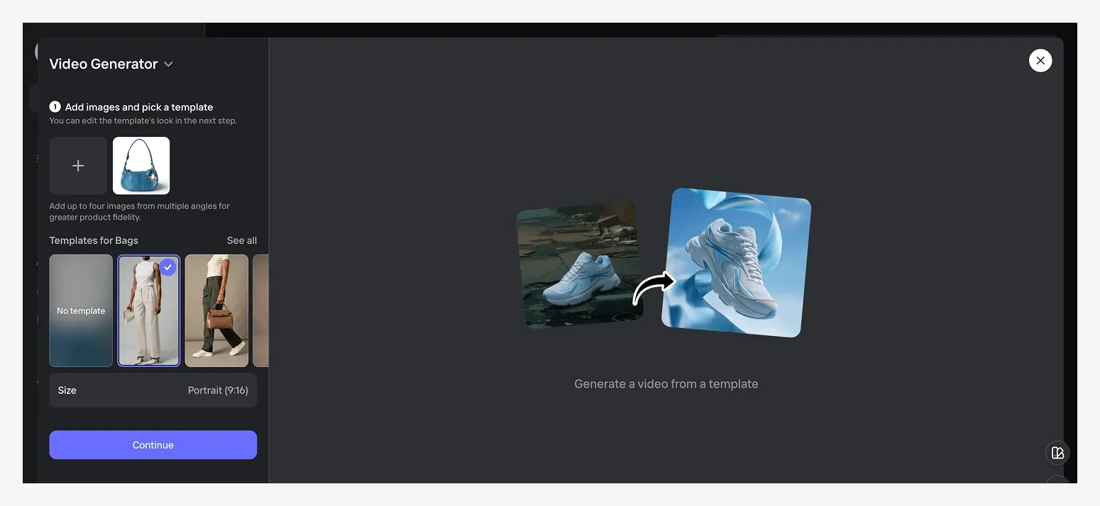 Video generator interface showing templates for creating product videos.