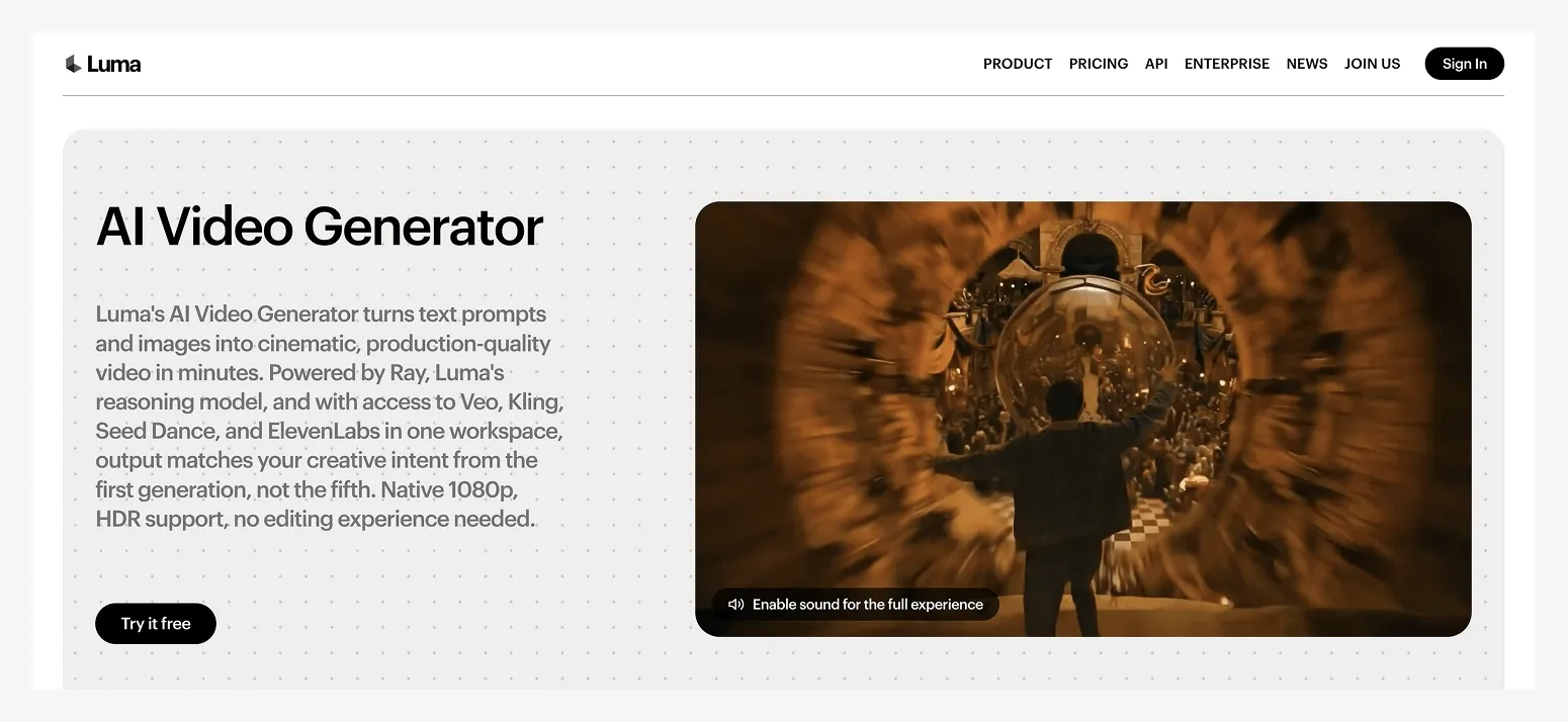 Webpage for Luma AI Video Generator features text about converting prompts into videos.