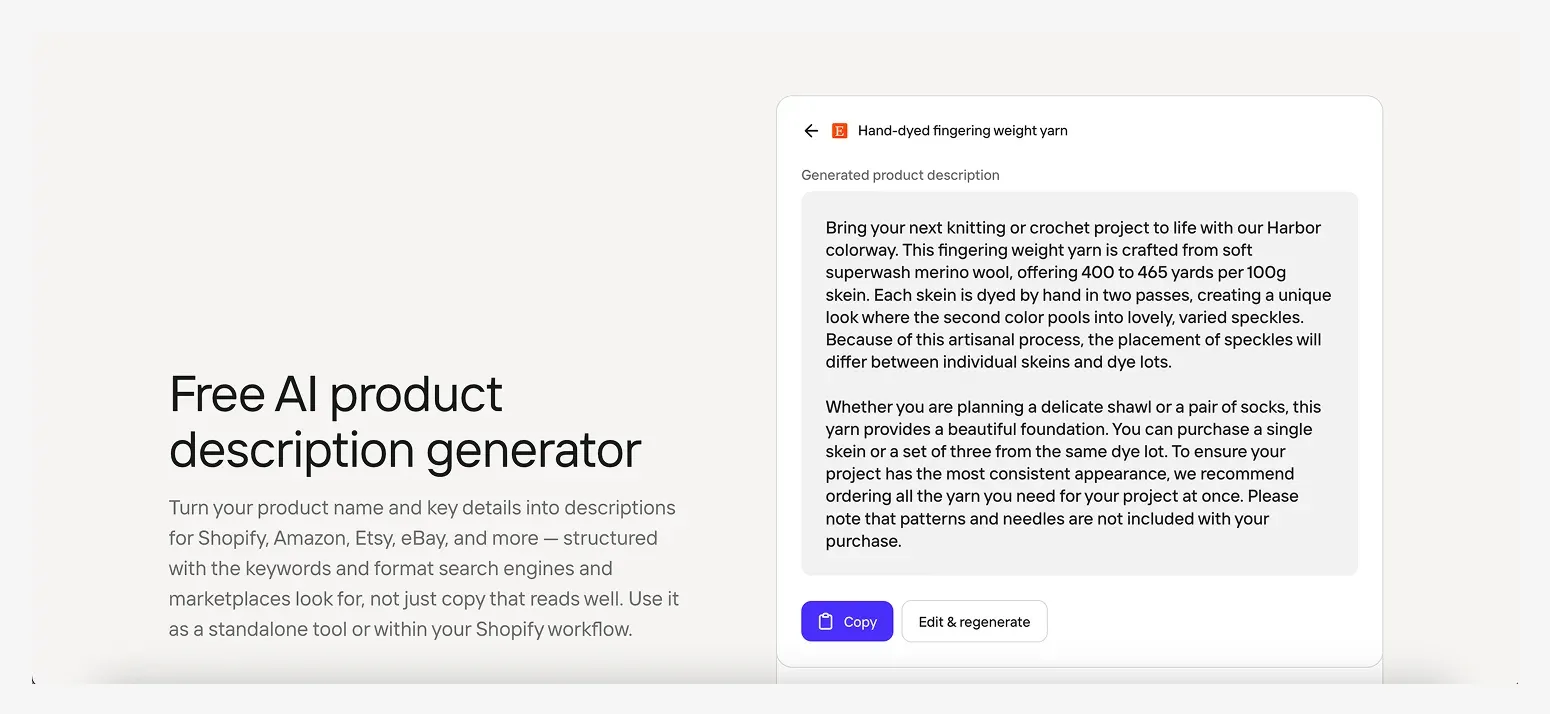 Free AI product description generator for online marketplaces, with a sample description about hand-dyed fingering weight yarn on the right.