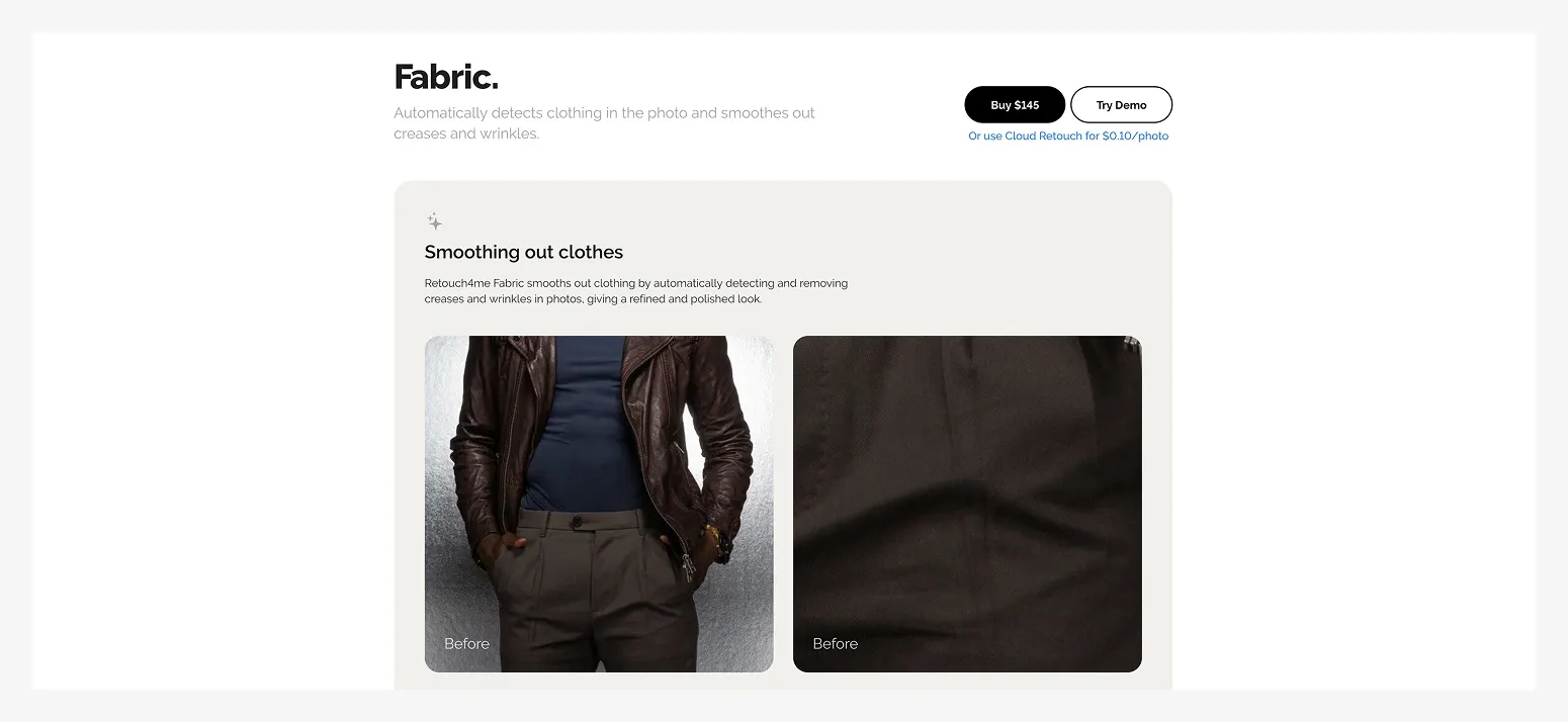 Website screenshot showcasing a photo smoothing service, highlighting before pictures with visible creases on clothing.
