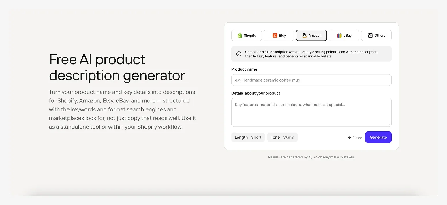 Image of a webpage for a free AI product description generator for platforms like Shopify, Amazon, and Etsy, with input fields and generation options.