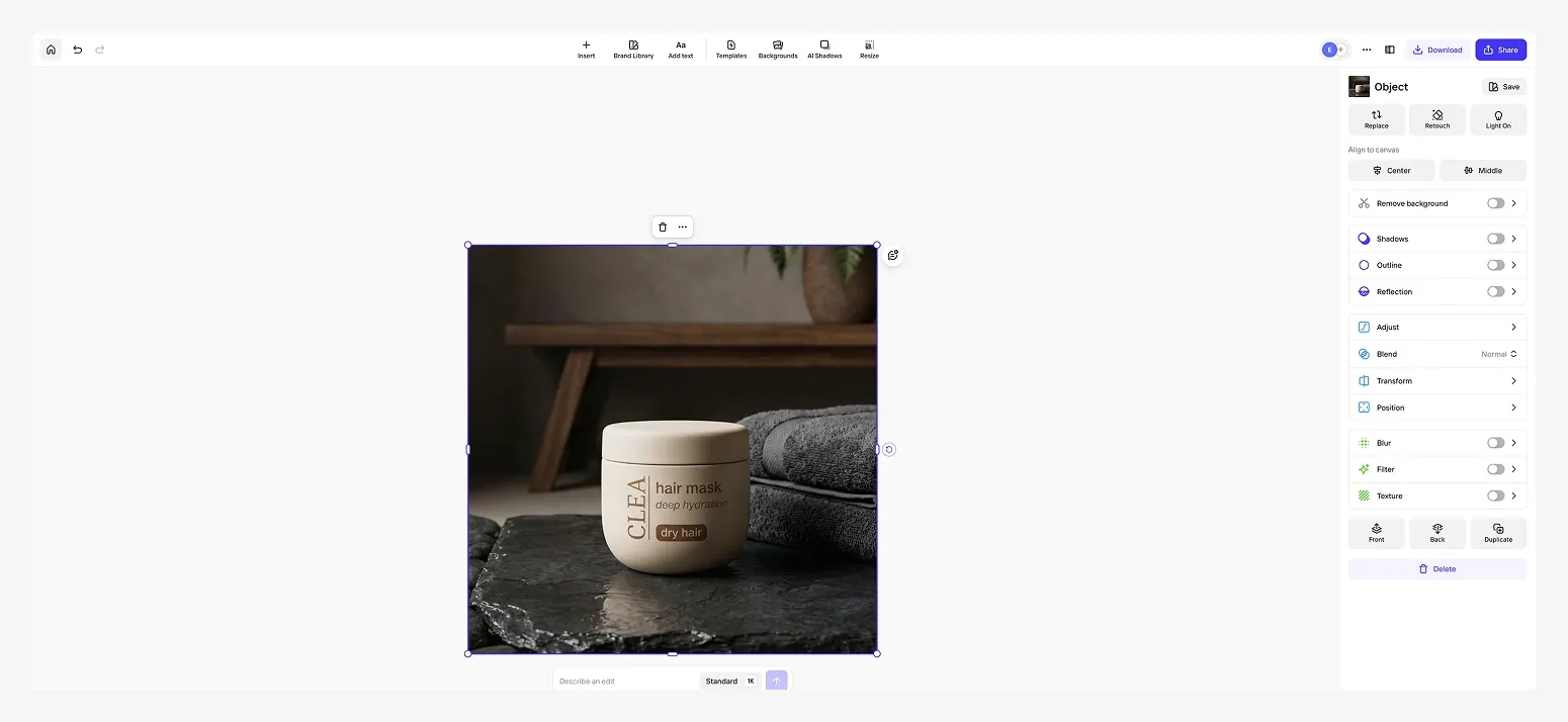 A photo editing interface with a picture of a clay hair mask.