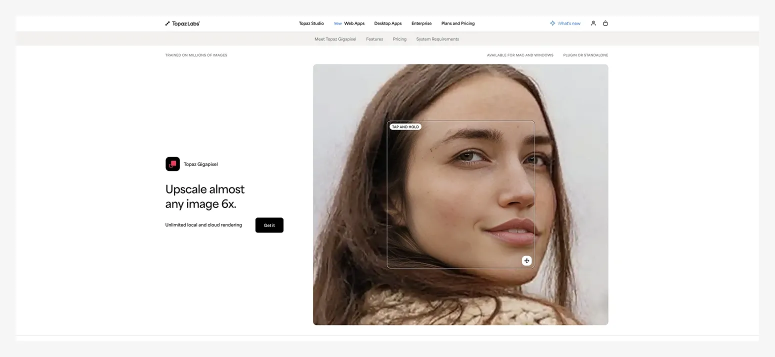 A screenshot of the Topaz Labs website showcasing the Gigapixel feature with a zoomed-in image of a woman's face, demonstrating 6x enhancement.