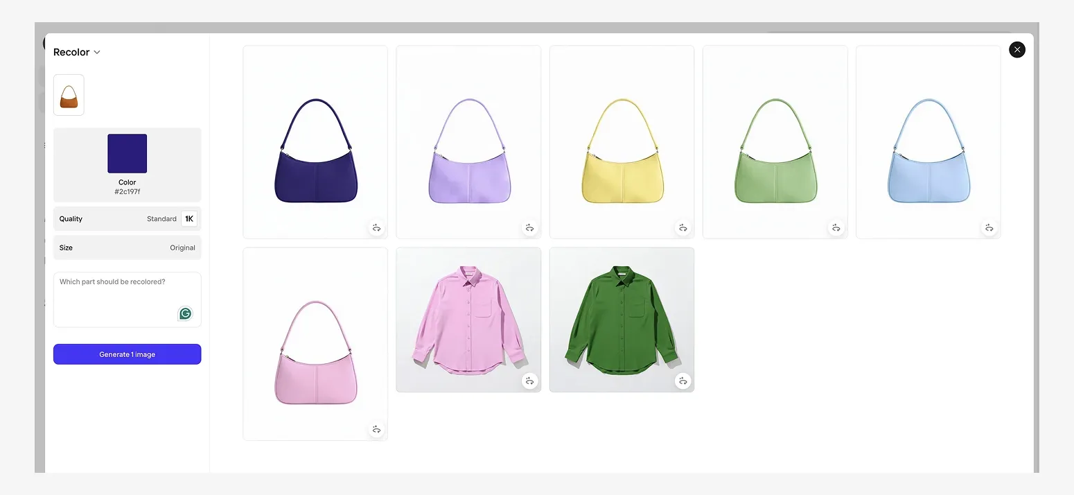 A series of colorful handbags and shirts are displayed in a grid. A color selection tool is on the left side of the screen.