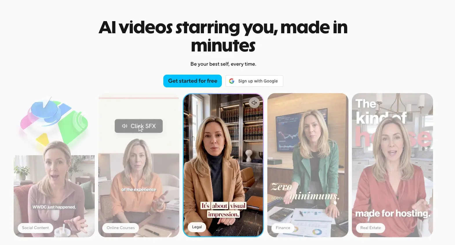 Five images of a woman in different professional settings, promoting AI video creation service with text "AI videos starring you, made in minutes."