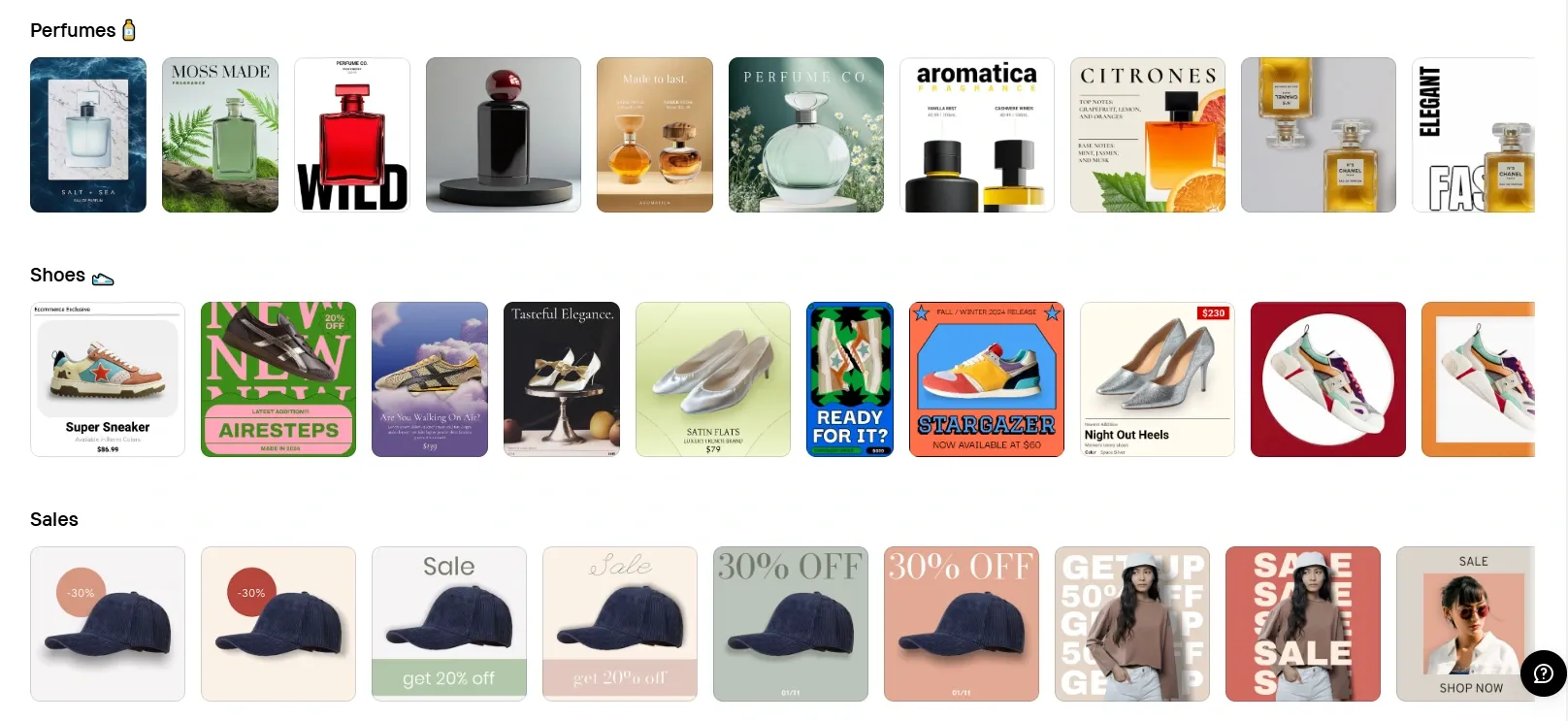 A variety of Photoroom templates for perfumes, shoes, and sales promotions with vibrant designs.