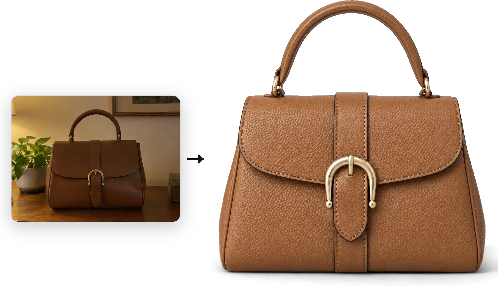 Handbag photographed under a yellow room lamp, next to the same bag relit with even studio light