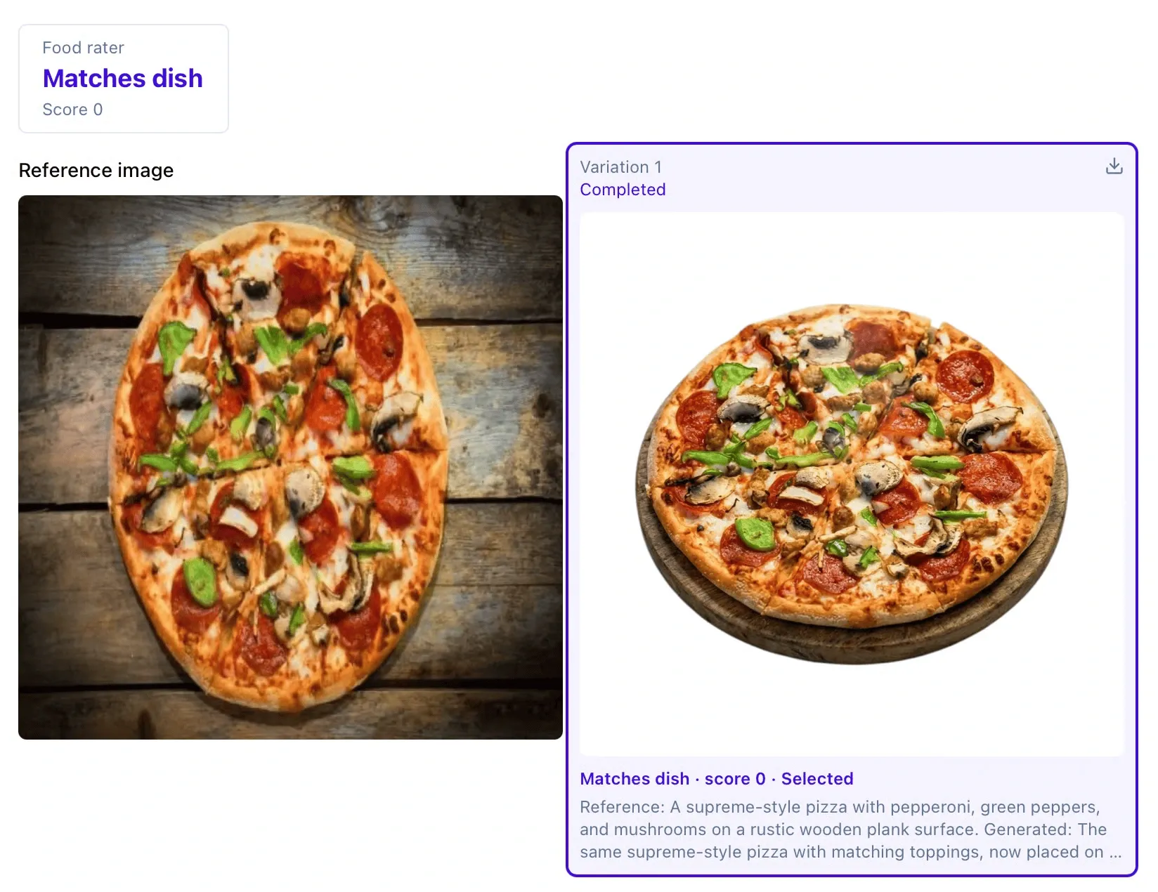 Two supreme-style pizzas with pepperoni, green peppers, and mushrooms; one on a wooden surface, the other on a plain background.