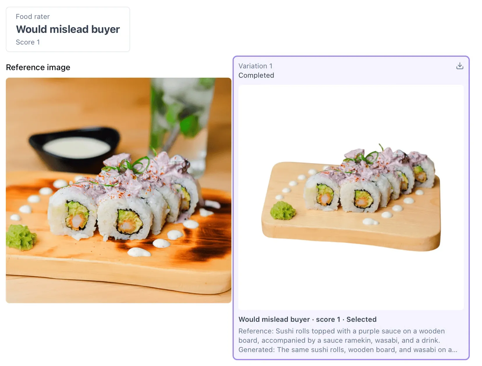 Sushi rolls with purple sauce on a wooden board, surrounded by wasabi and sauce swirls, with a drink and sauce dish in the background.