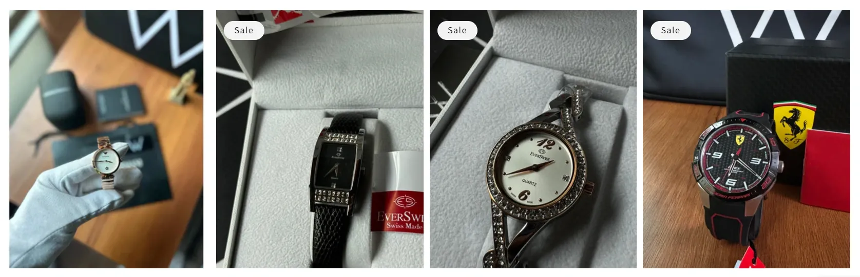 close-ups of wristwatches on sale, showcasing brands like Ferrari and everswiss in display cases